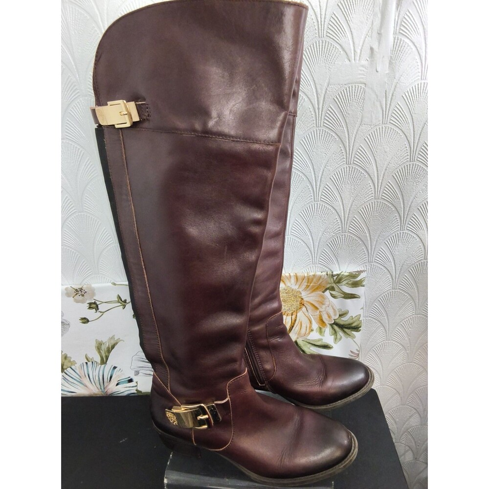 Vince Camuto Bestan Brown Leather Studded Grommet Over The Knee Boots Womens 7M